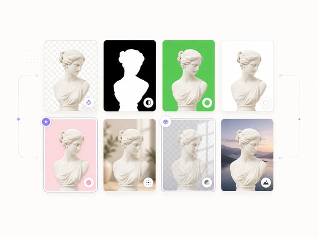 Grid showing the same subject with eight background output modes produced by the AI Background Remover