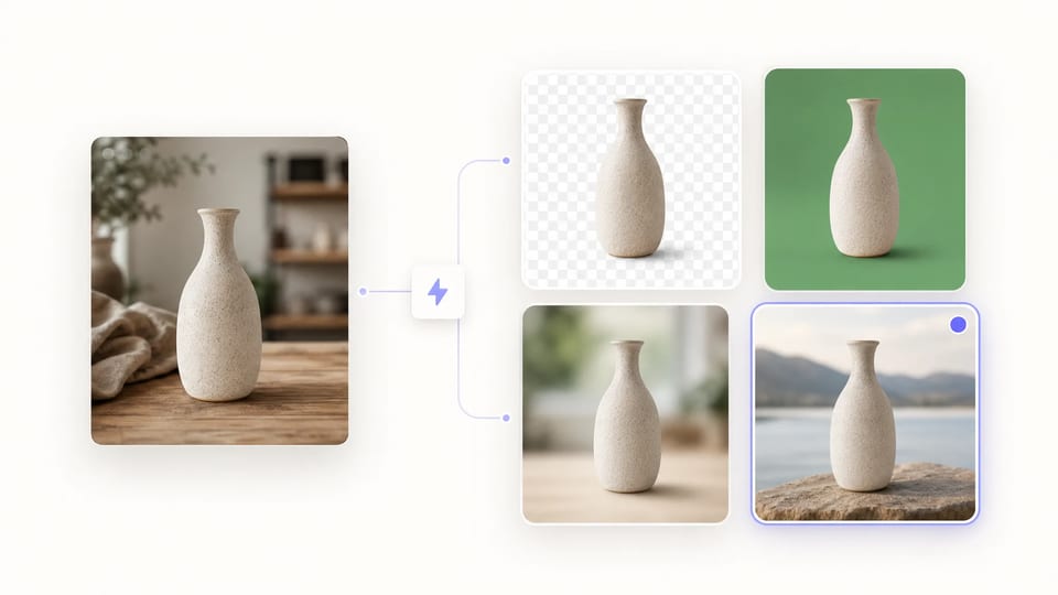 AI Background Remover: original photo transformed into multiple output modes — transparent, green screen, blur, custom background
